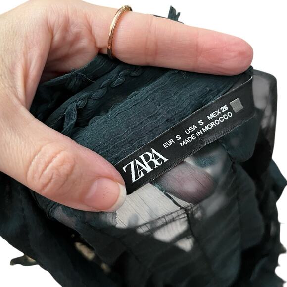 Zara Fringe Button Down Blouse Small Sheer Chiffon Dark Green Long Sleeve Goth - Picture 6 of 9